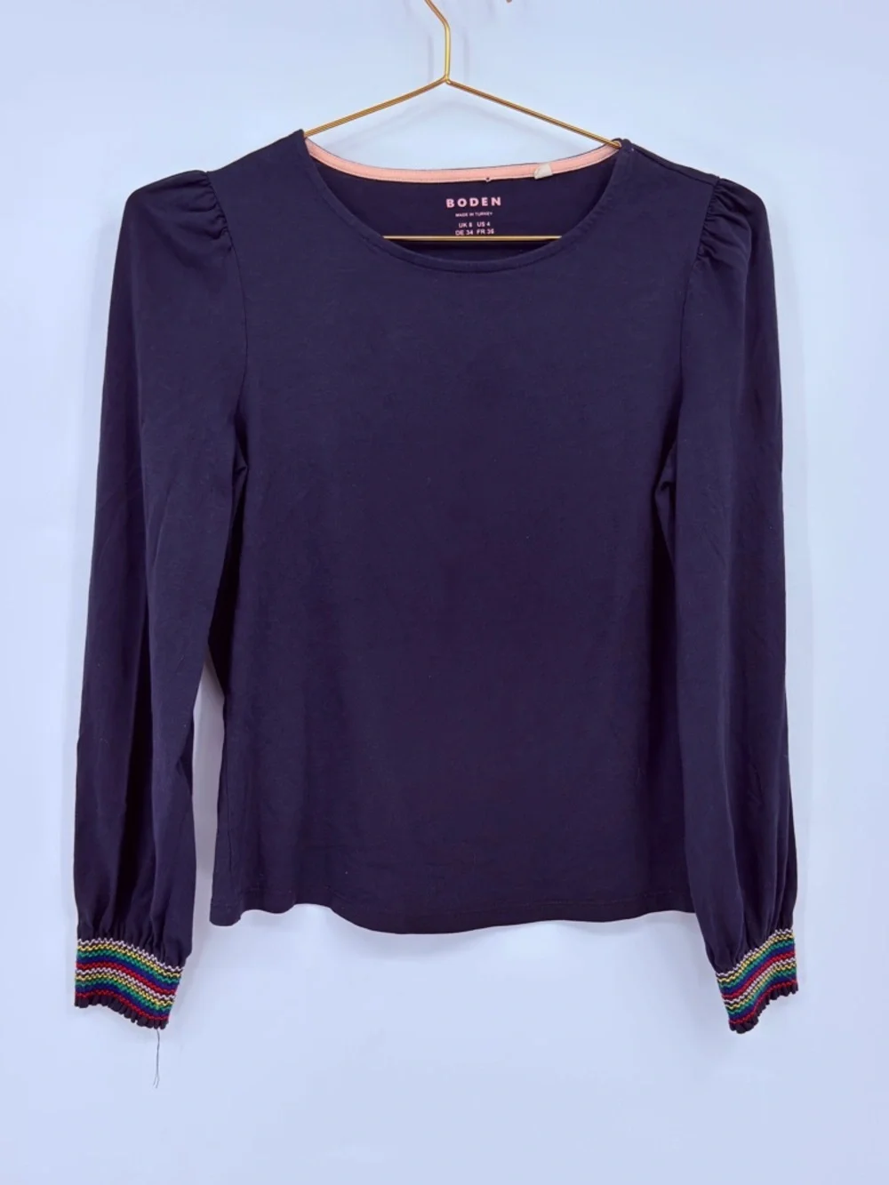 Boden Navy Long Sleeve Top Puff Shoulder Rainbow Cuff Cotton Modal Size US 4